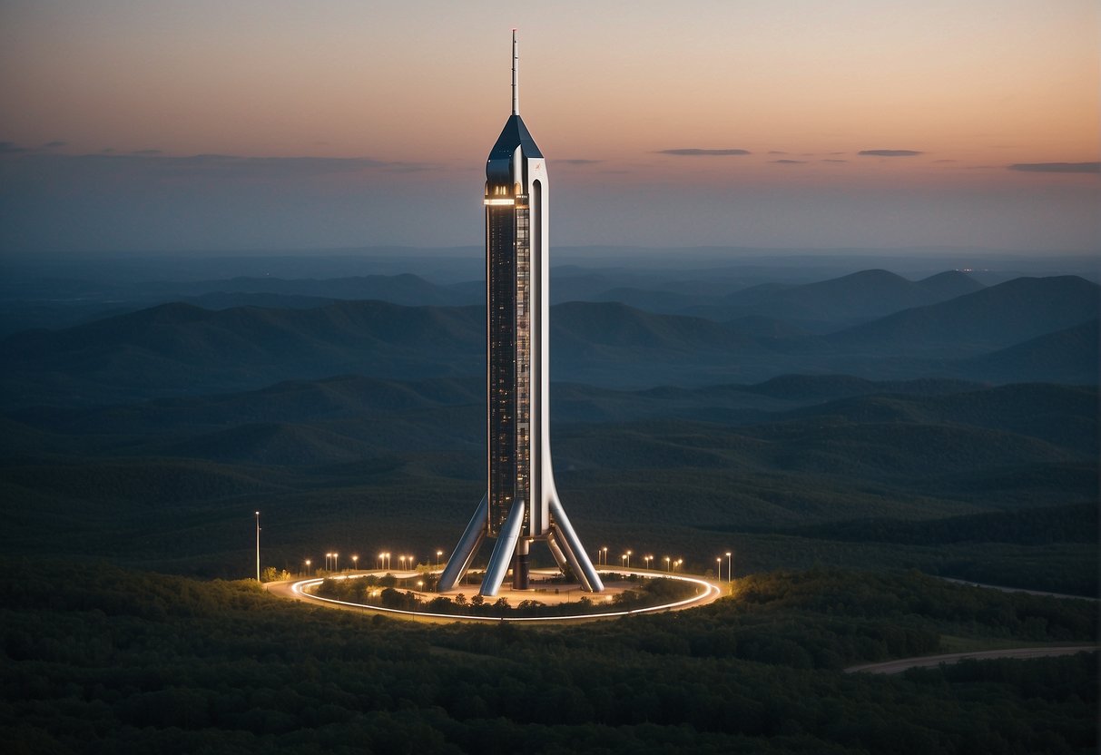 The Development of Space Elevators : A towering space elevator rises from Earth's surface, extending into the starry sky. Tethered to the ground, it reaches towards the heavens, symbolizing humanity's ambition to explore the cosmos