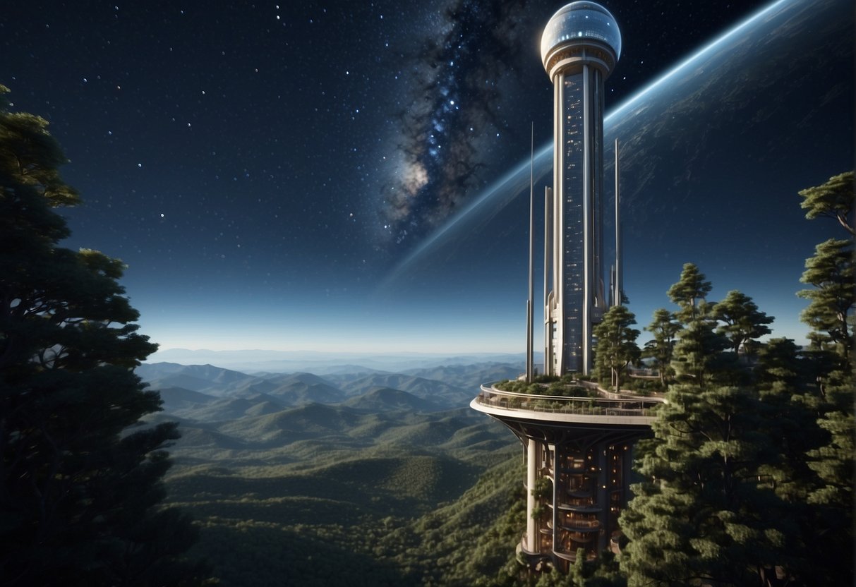 A space elevator stretches from Earth's surface into the starry expanse, supported by a towering structure and connected to a space station above. The Earth below is depicted with cities and natural landscapes