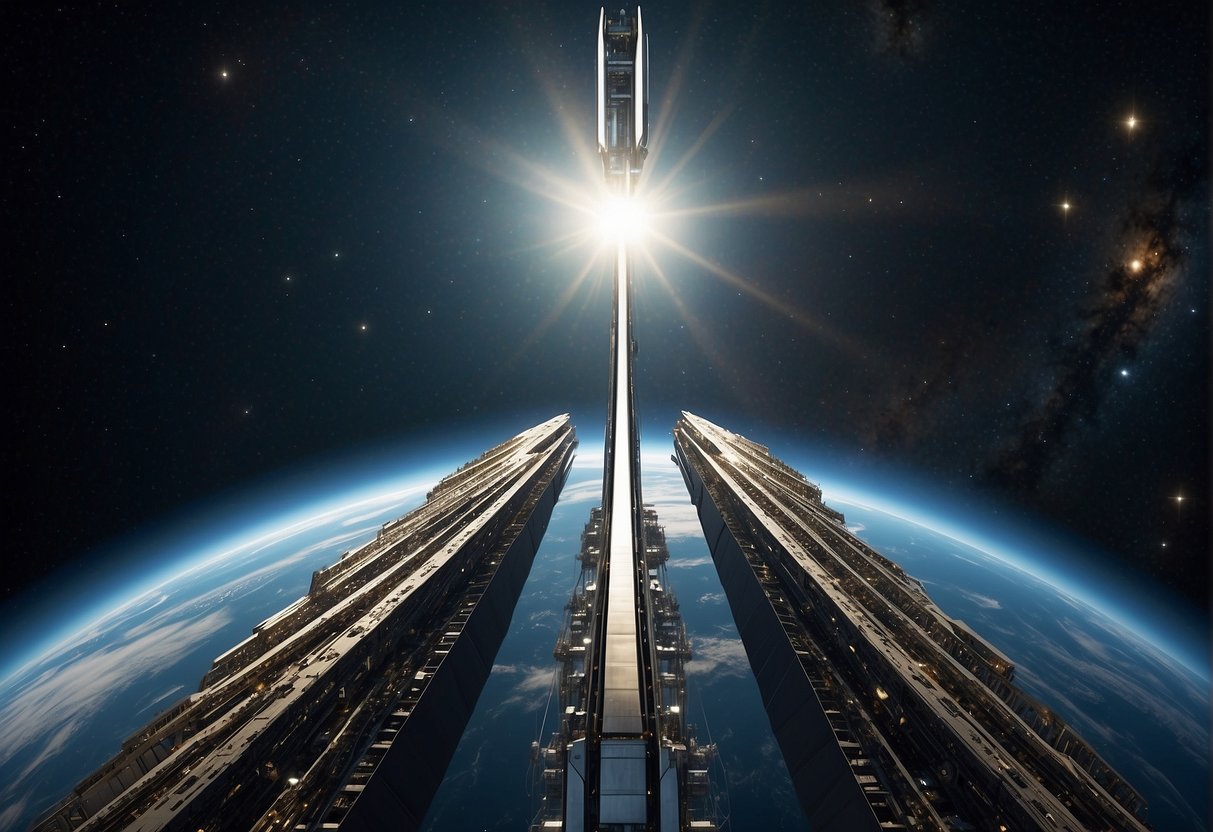A towering space elevator stretches into the sky, anchored to the Earth's surface and reaching towards the stars, showcasing the principles of physics and engineering that enable humanity to transcend the bounds of our planet