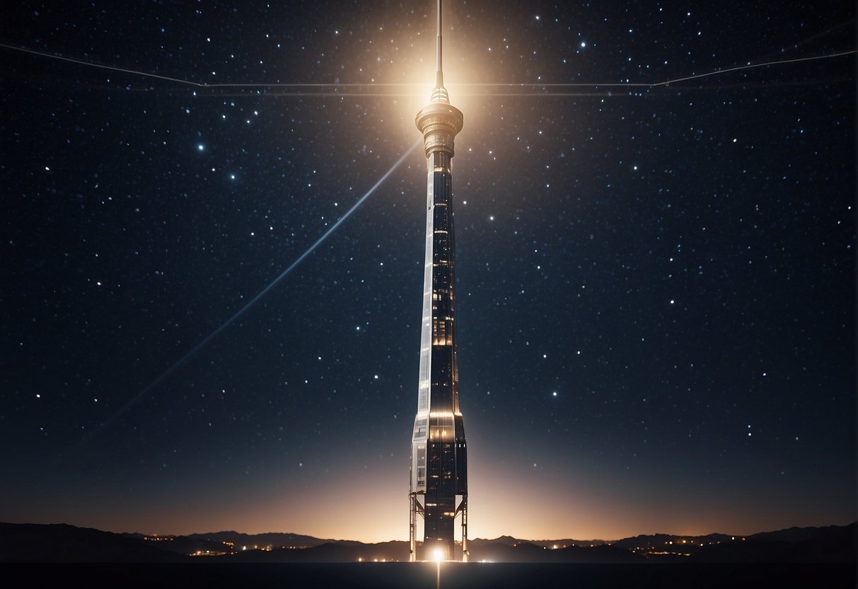 A space elevator stretches into the starry sky, anchored to Earth and reaching towards the cosmos, symbolizing the ambitious goal of lifting humanity to the stars