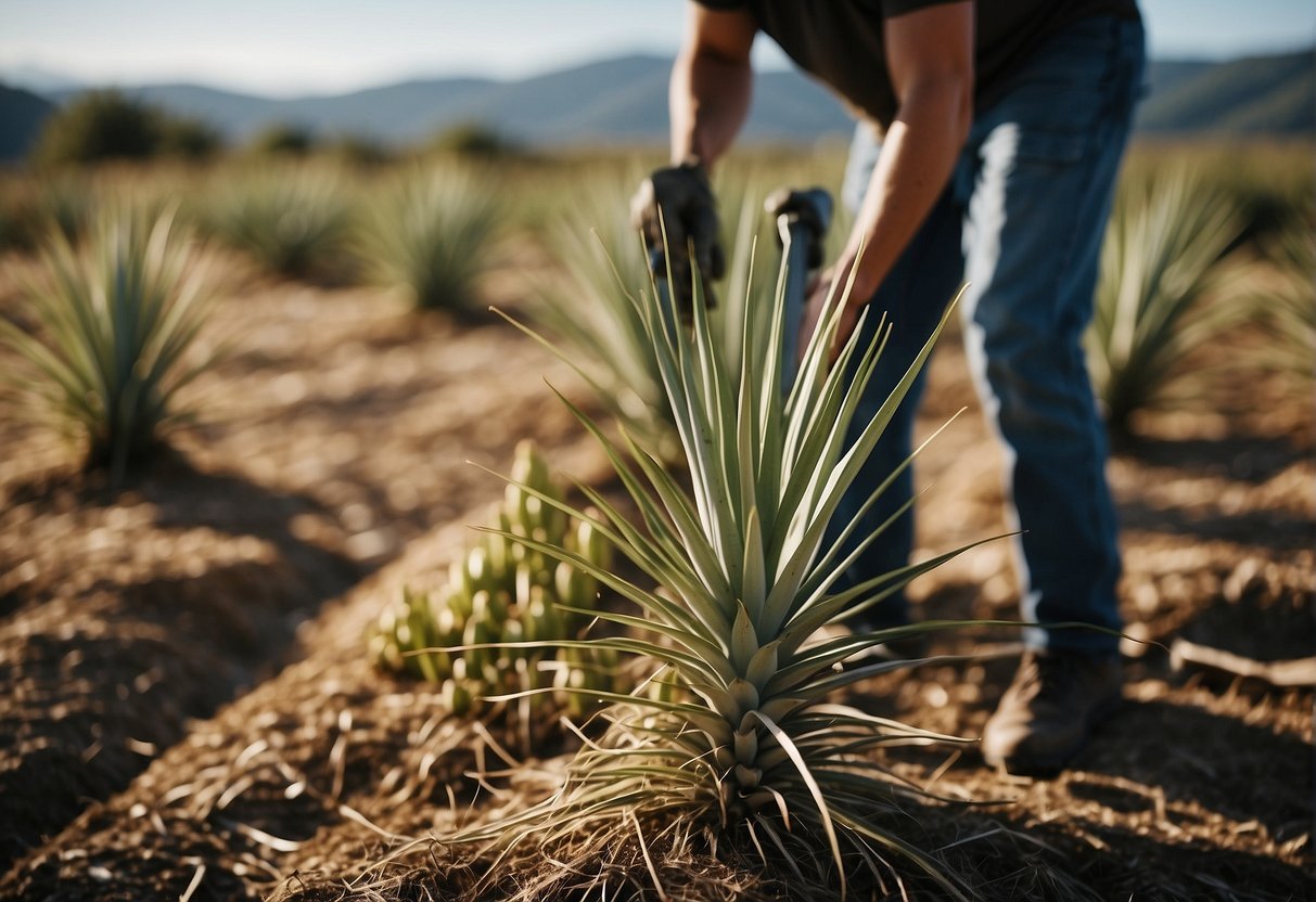 Yucca plants being harvested with tools in a farm setting