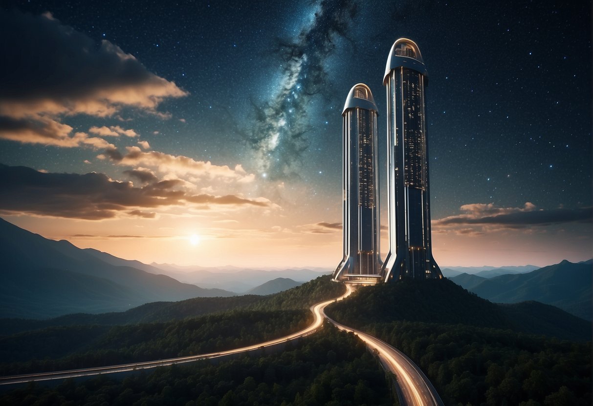 A towering space elevator rises into the starry sky, its sleek and futuristic design reaching towards the cosmos, symbolizing humanity's quest for space exploration