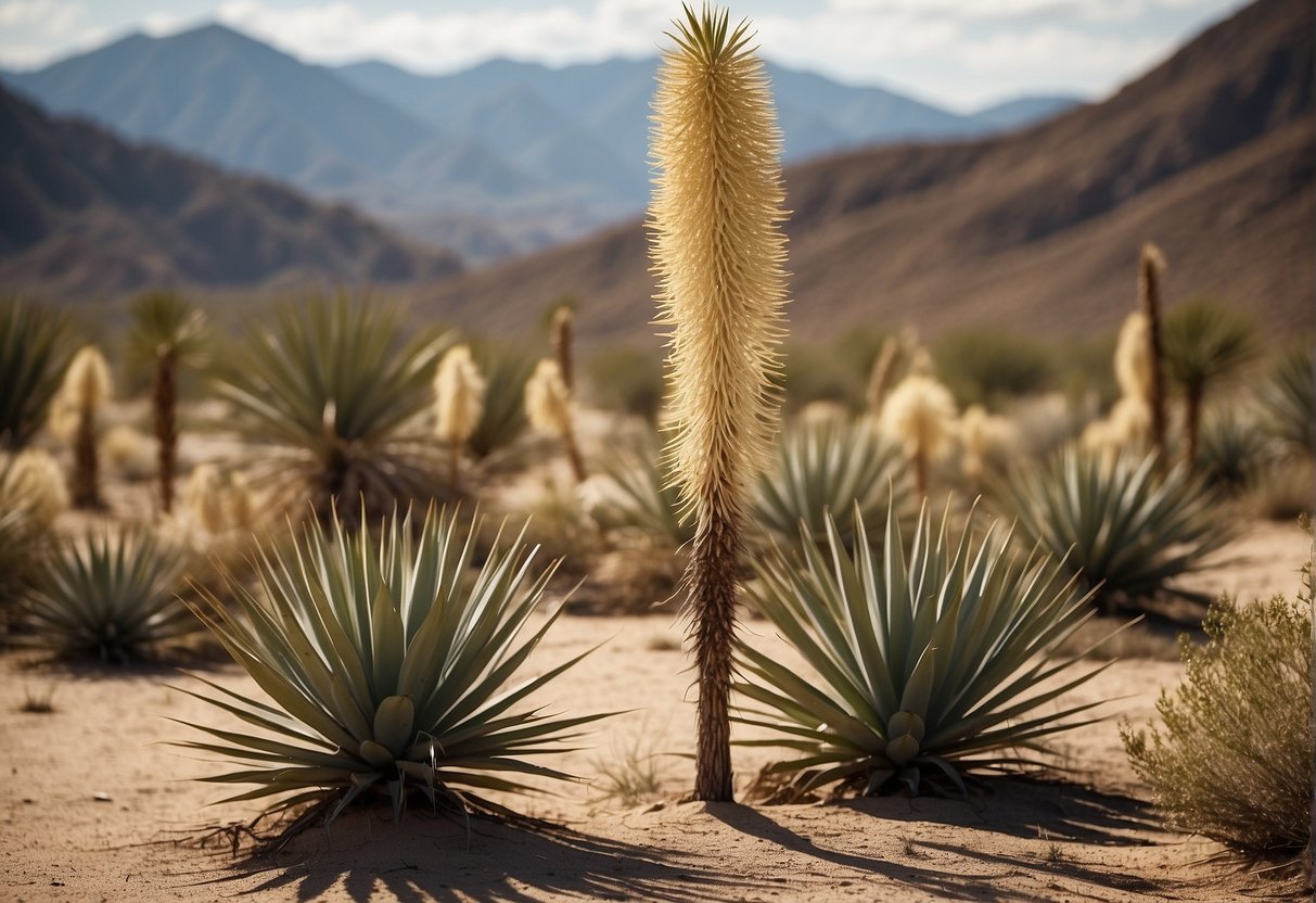 Yucca plants stand tall in the desert, their sharp leaves reaching towards the sky. The dry, sandy landscape stretches out around them, with the sun beating down relentlessly