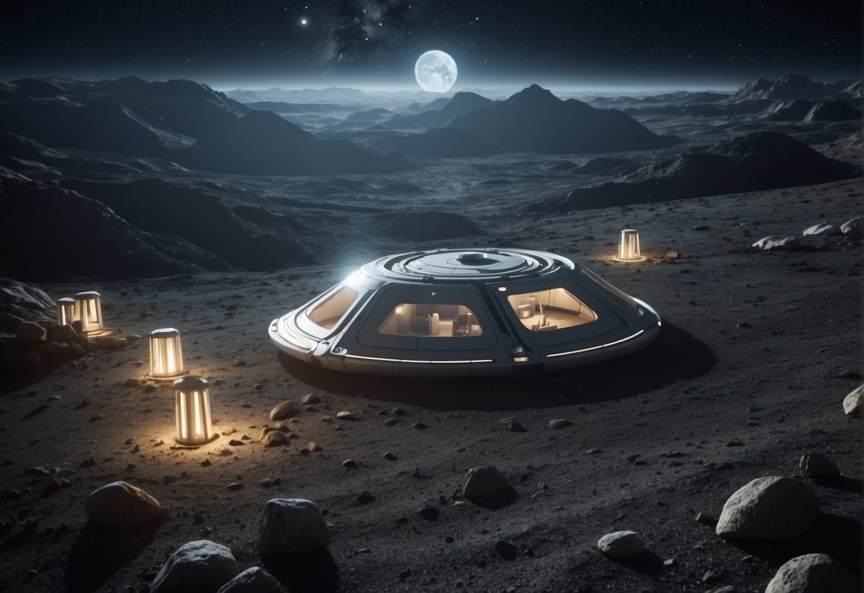 A smart habitat on the lunar surface, with AI-controlled life support and environmental control systems, surrounded by rocky terrain and a dark, star-filled sky