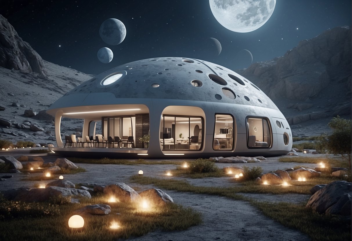 A lunar base with AI-integrated smart habitats, featuring advanced technology and sustainable living environments