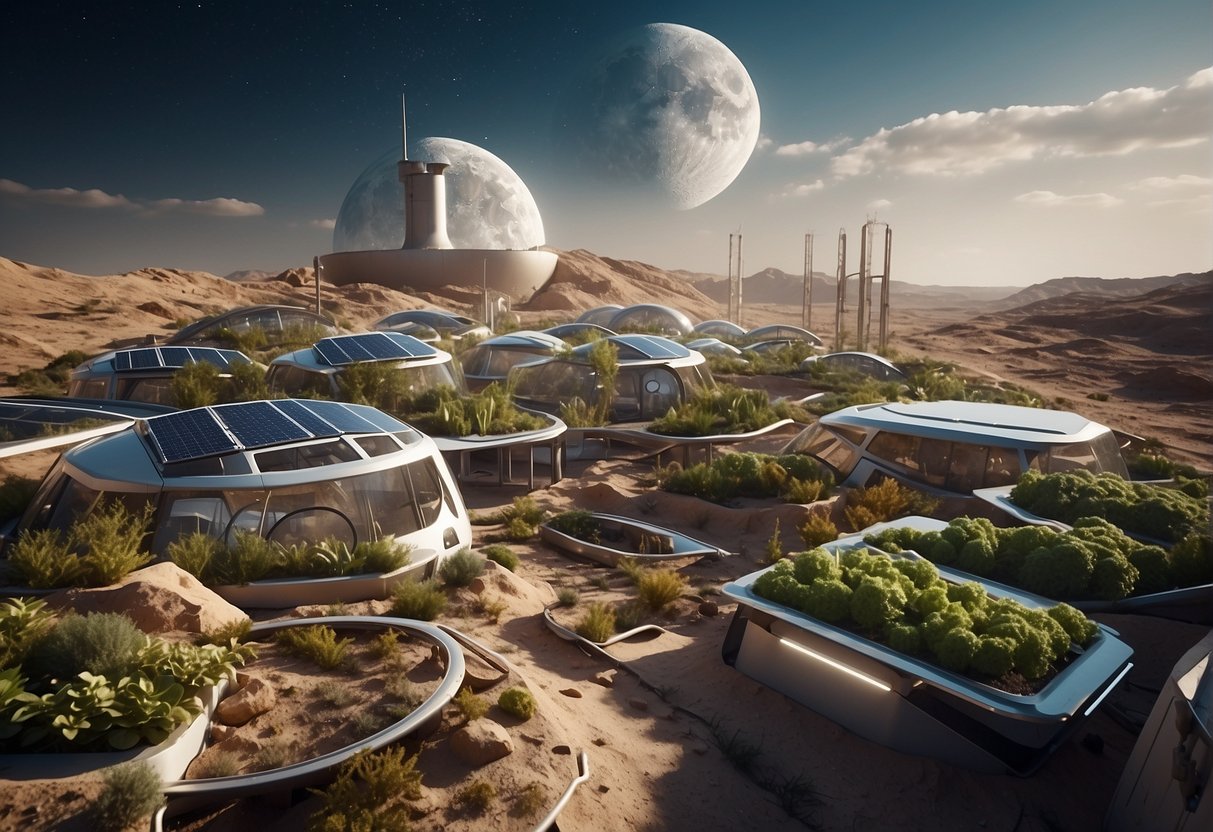 A futuristic habitat with AI systems, solar panels, and hydroponic gardens on the surface of the moon or Mars