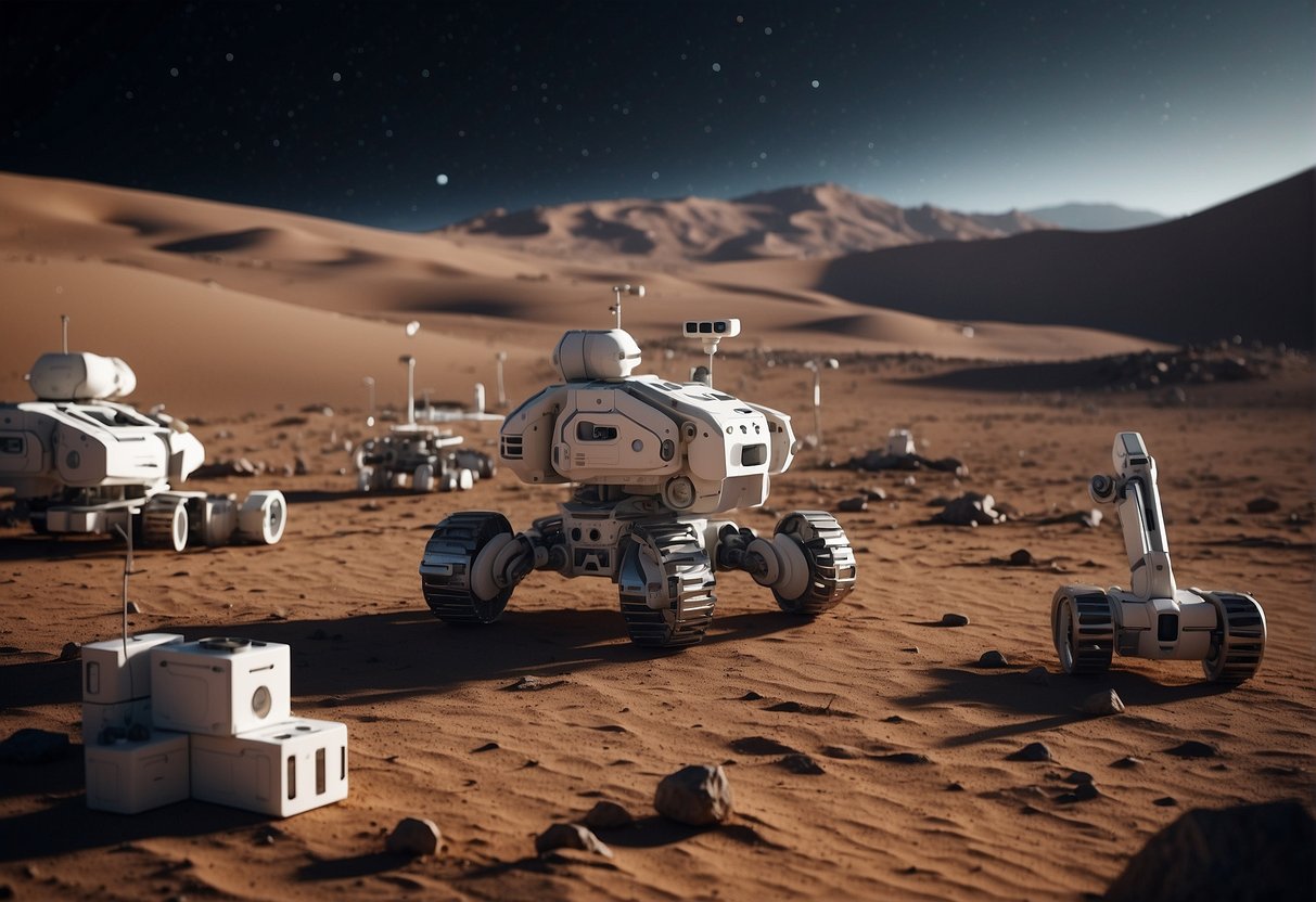 Robotic arms assemble modular habitats on the lunar surface. AI systems manage life support and resource allocation in Martian bases