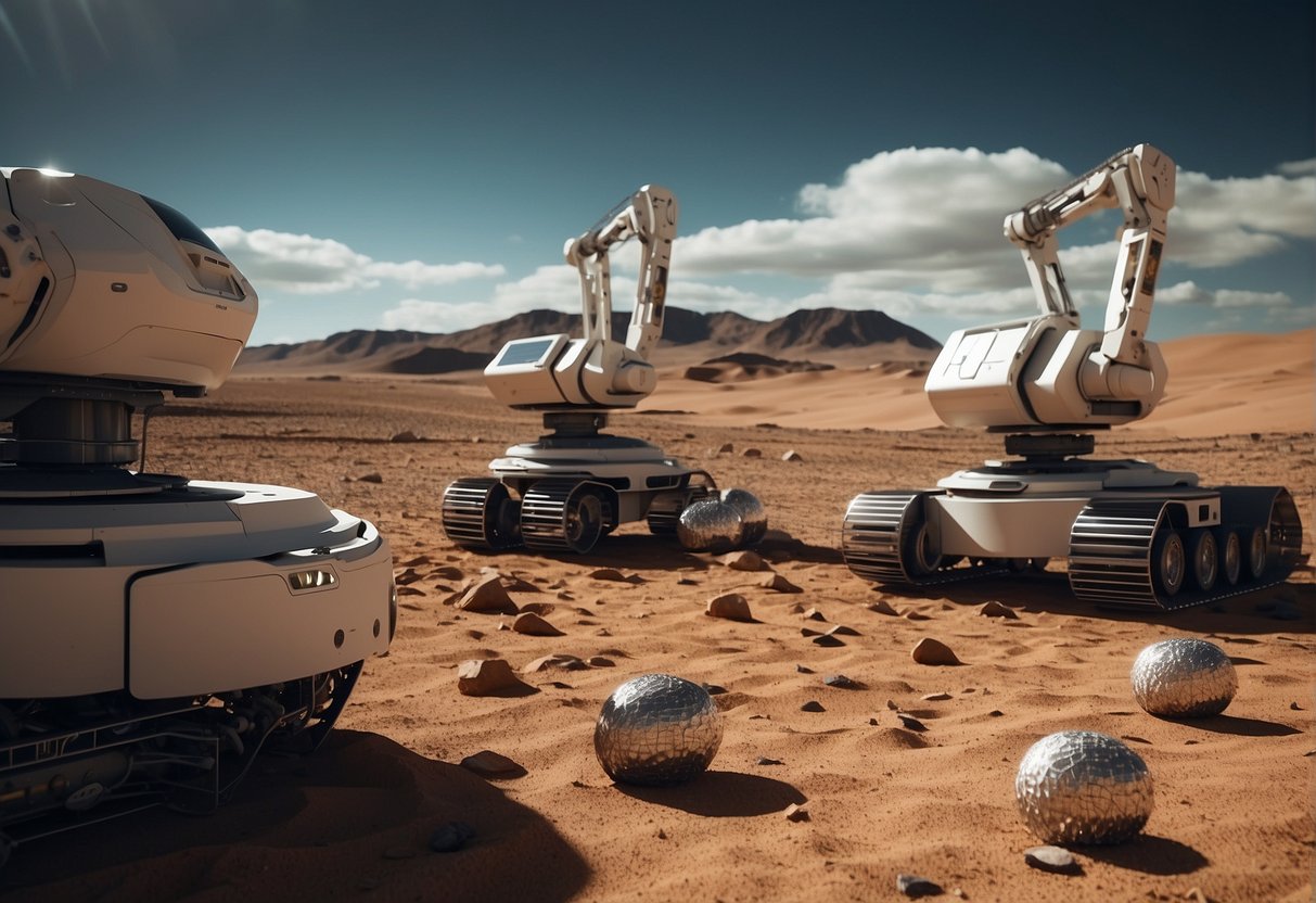 Robotic arms assemble habitats on the lunar and Martian surface using AI technology. Solar panels and communication antennas are being installed as the bases take shape