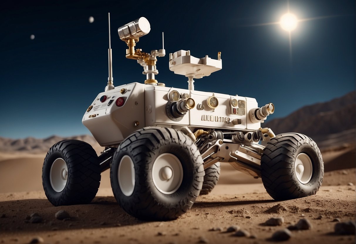 In-Situ Resource Utilization - A lunar rover collects and processes regolith to extract water and minerals, powering a habitat for sustained off-world living