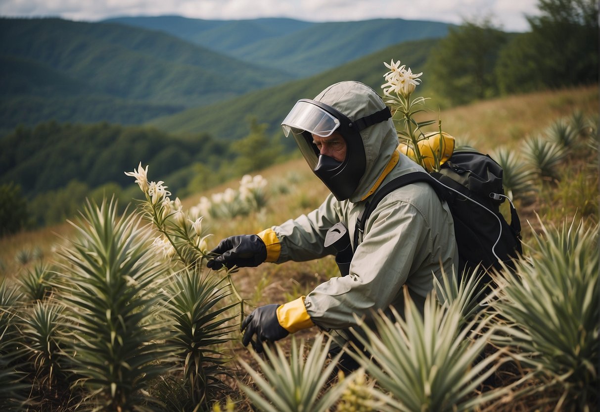 A figure in protective gear removes yucca plants from a West Virginia landscape