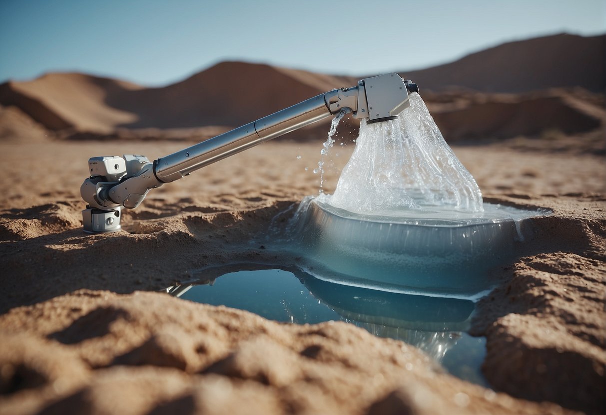 A robotic arm extracts water from icy regolith, while a machine converts it into oxygen and hydrogen for life support on a distant planet