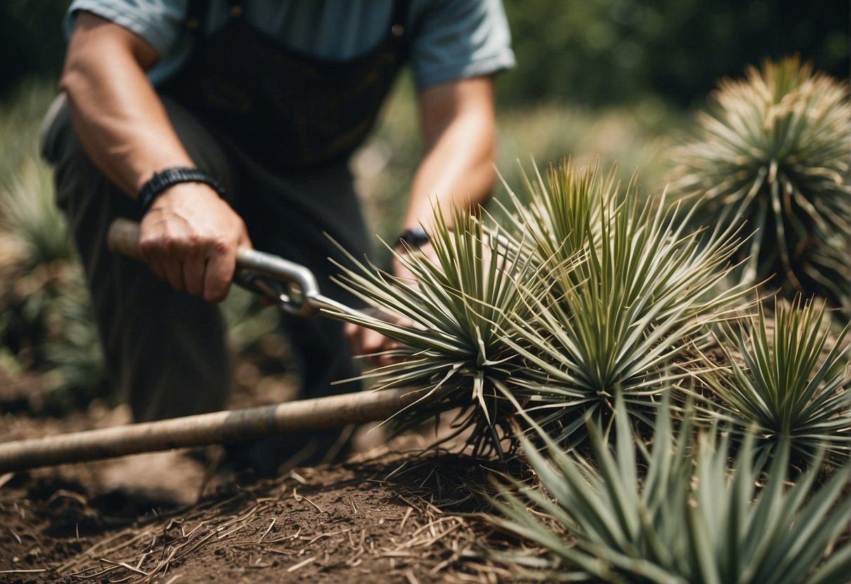 A person expertly removes yucca plants in West Virginia using specialized tools and techniques