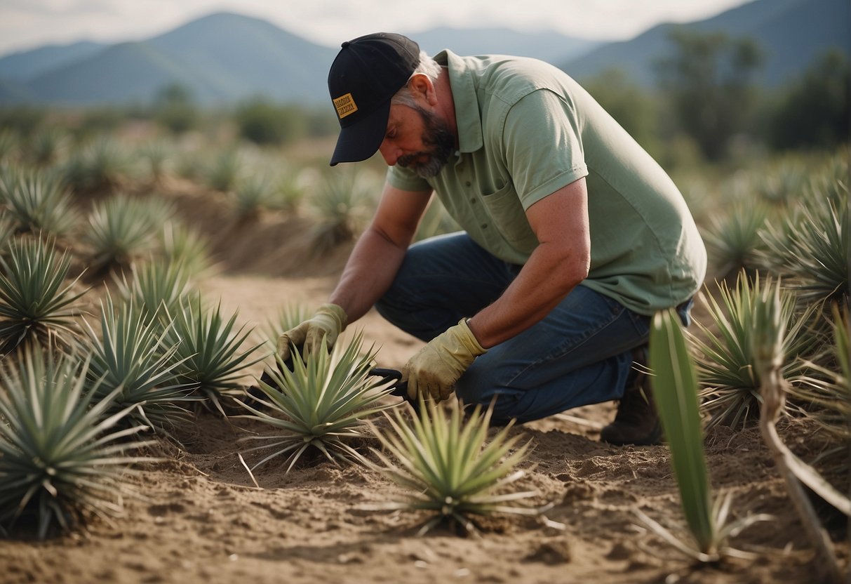 A person digs up yucca plants, removing roots and all