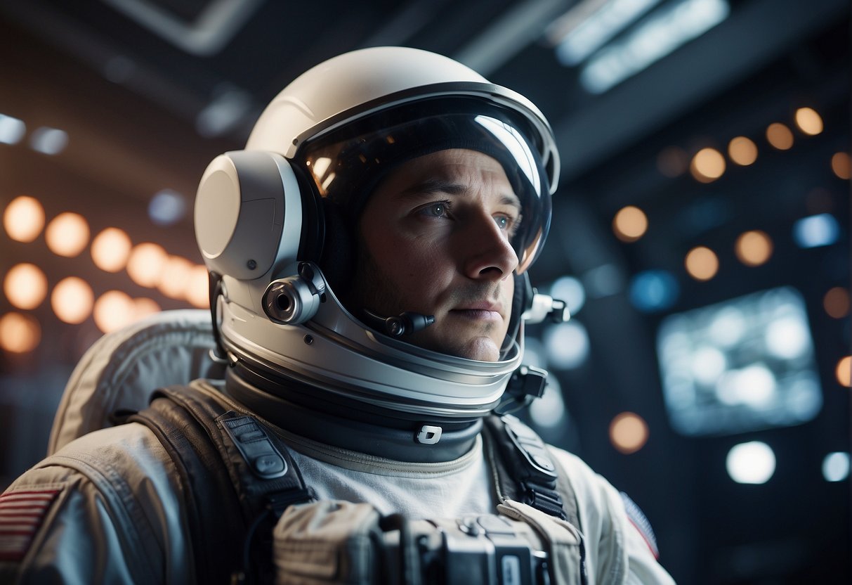 AR in Space Exploration - An astronaut wearing an AR headset stands in a simulated space environment, interacting with holographic displays and controls. Mission data and virtual objects are overlaid onto the physical surroundings
