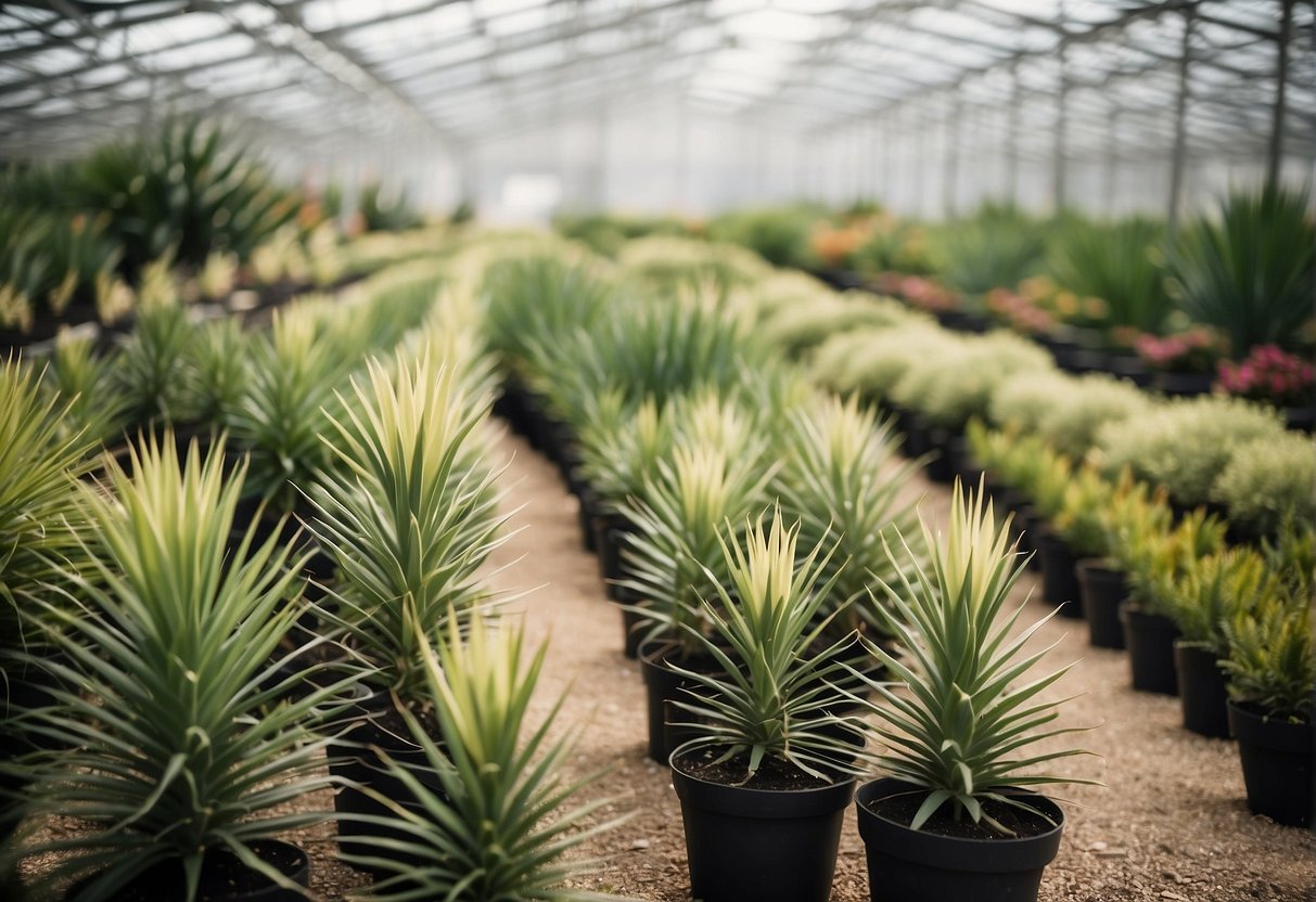 A garden center in San Antonio displays rows of affordable yucca plants, with vibrant green leaves and tall, sturdy stems