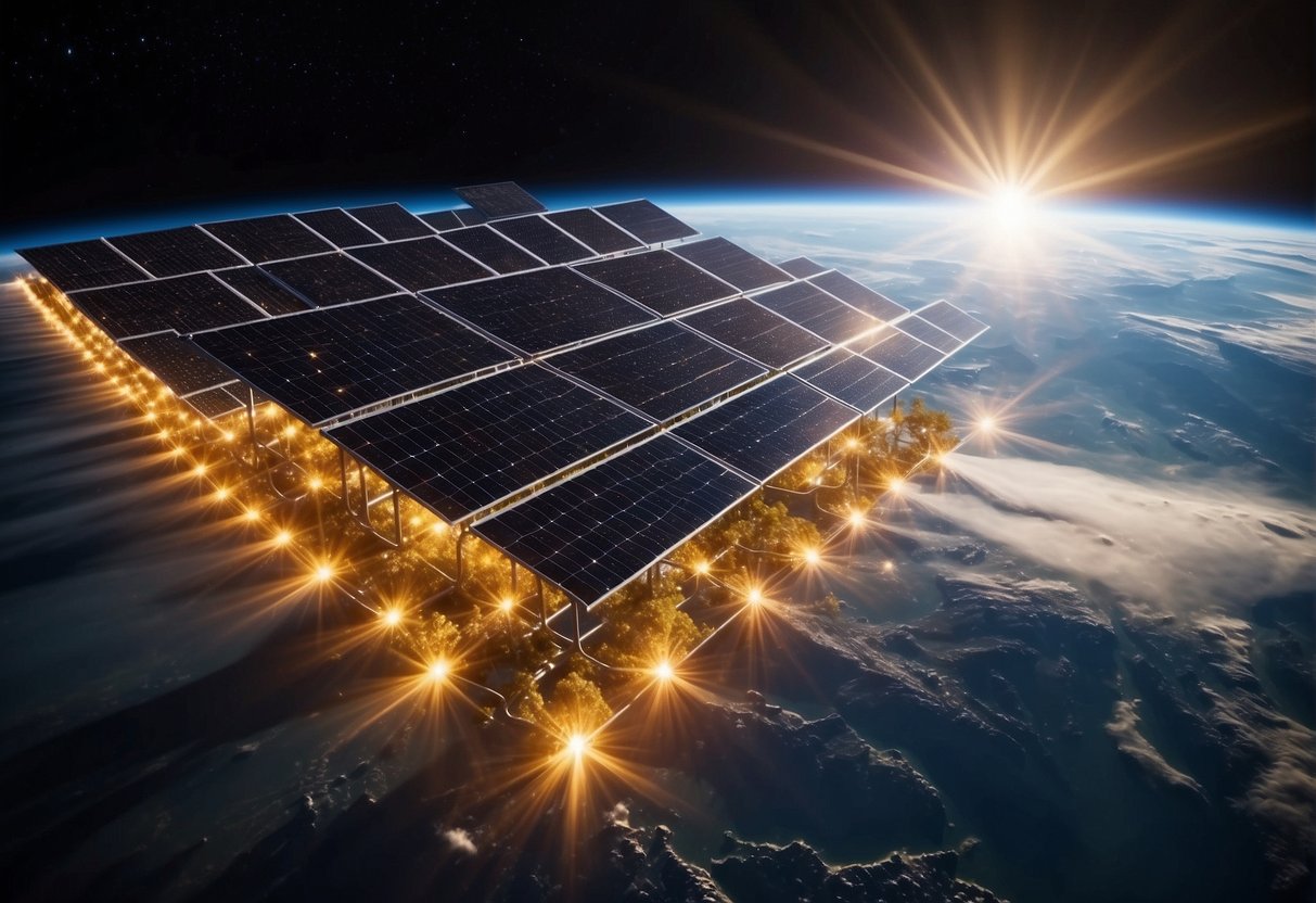 Space-Based Solar Power - A network of solar panels orbiting Earth, beaming energy down to the planet's surface. The panels are positioned to capture maximum sunlight and transmit the energy to power grids below