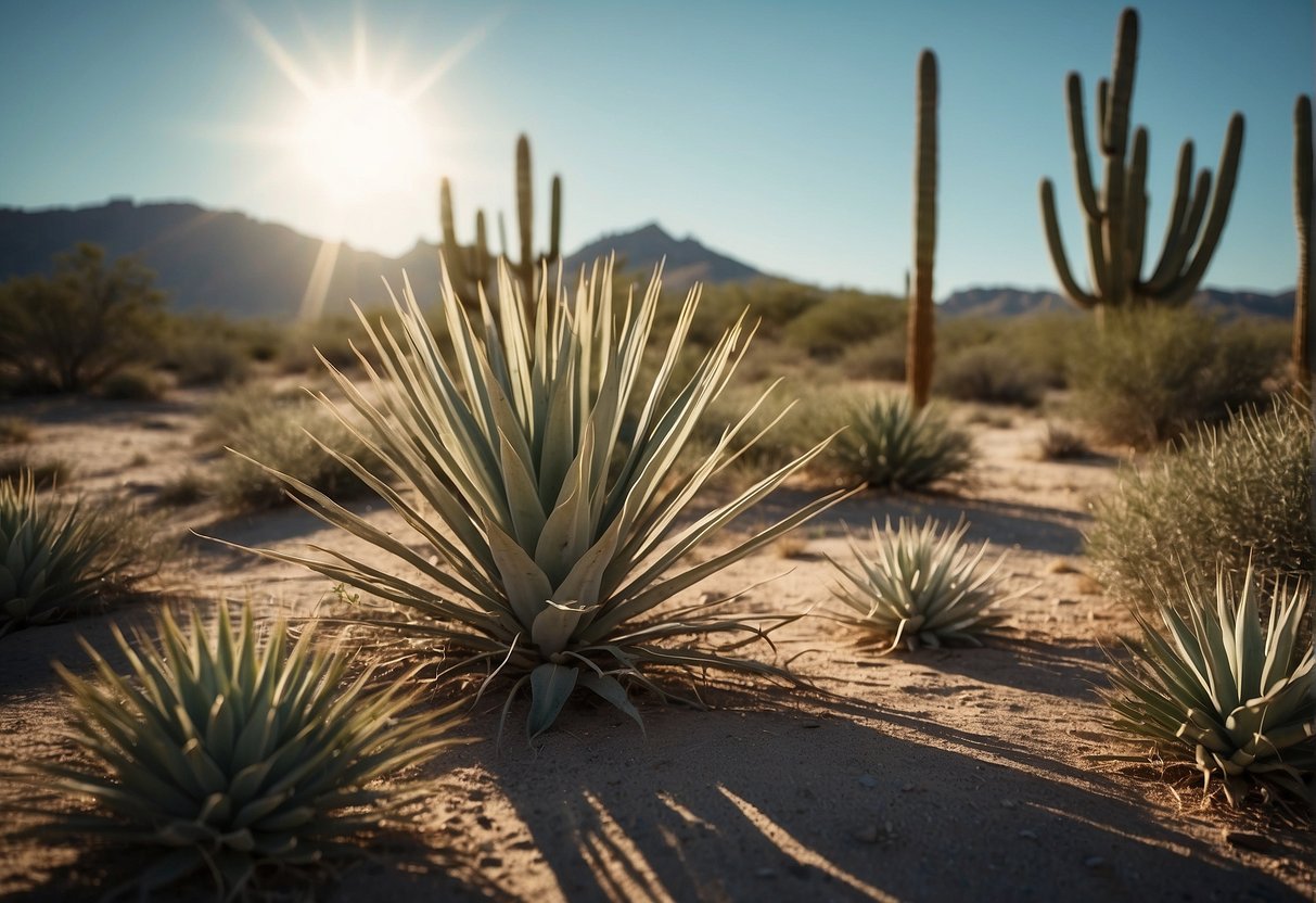 A desert landscape with yucca plants scattered across the dry, rocky terrain near San Antonio. The sun is high in the sky, casting harsh shadows on the spiky, green plants