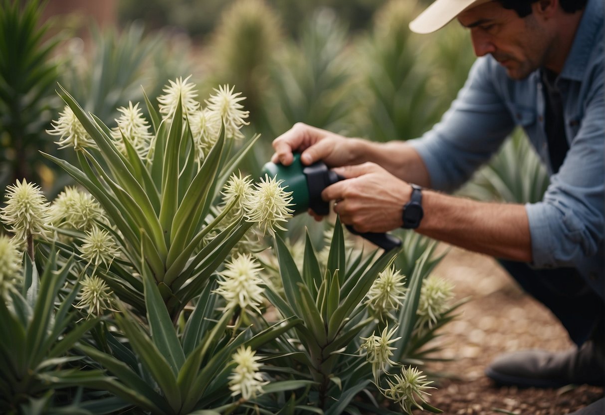 Yucca plants being tended to in a garden, with a person watering and pruning them