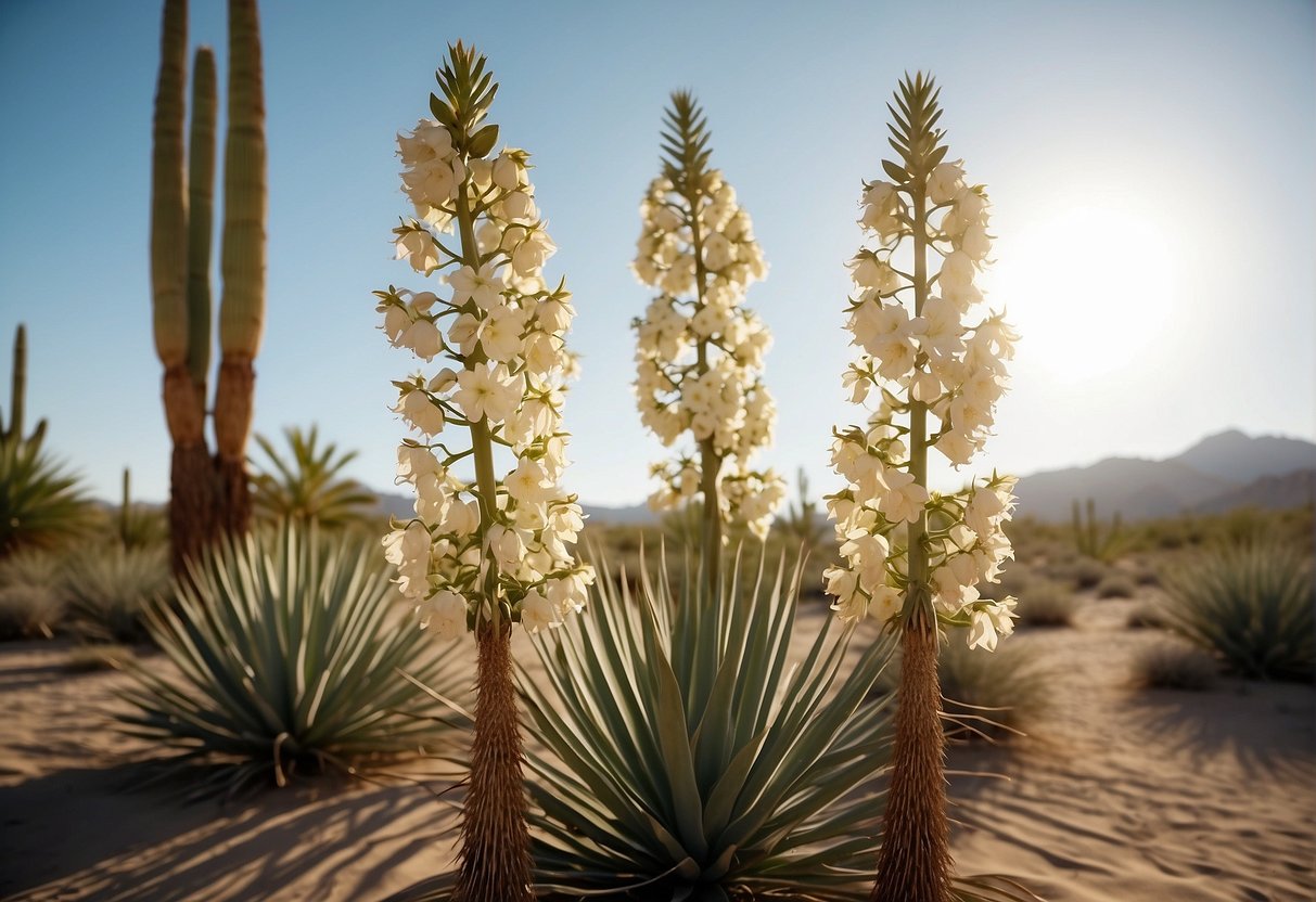 Yucca plants adorn a desert landscape, their tall, sword-like leaves reaching towards the sky. Bright white flowers bloom at the tips, adding a touch of elegance to the arid surroundings