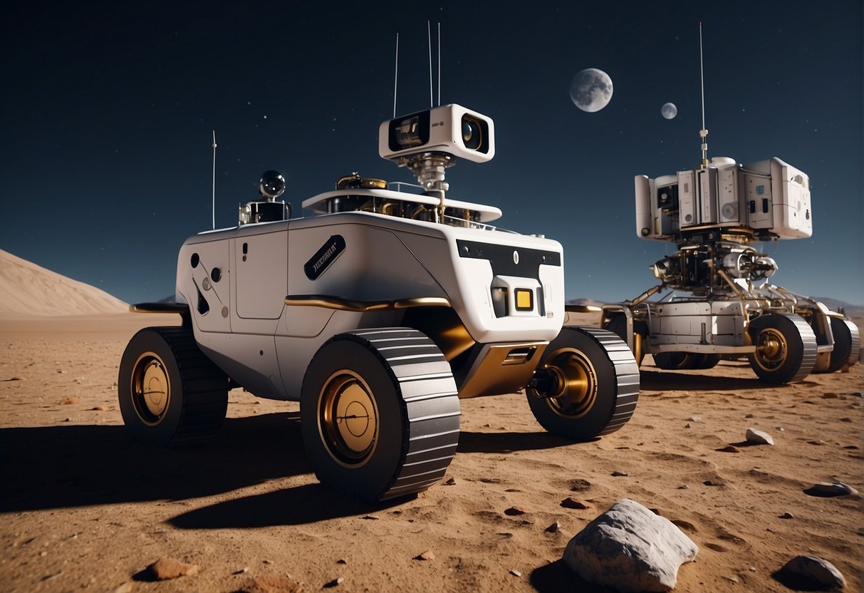 Robotic rovers traverse lunar surface, constructing modular habitats. Solar panels and communication arrays dot the landscape. Supply shuttles dock at the base, unloading cargo
