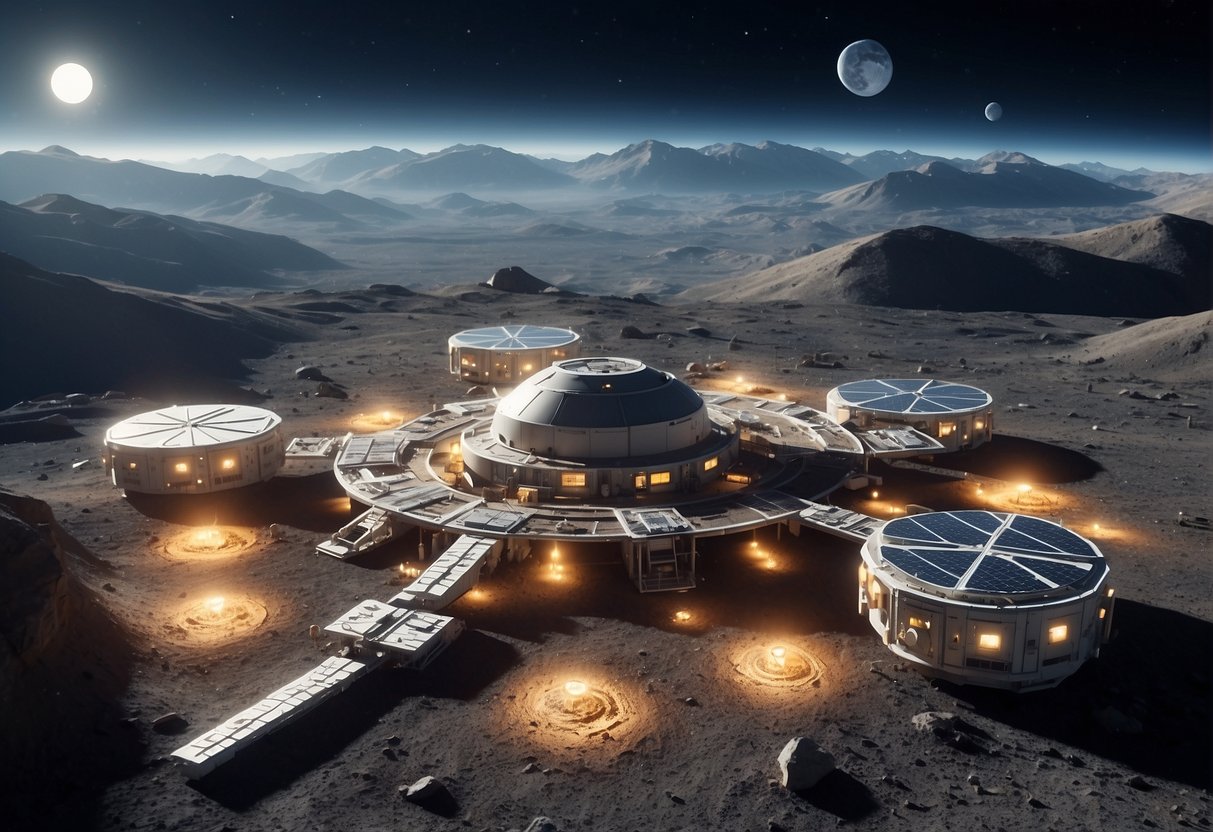 A lunar base with interconnected modules, solar panels, and a landing pad surrounded by a rocky, crater-filled landscape