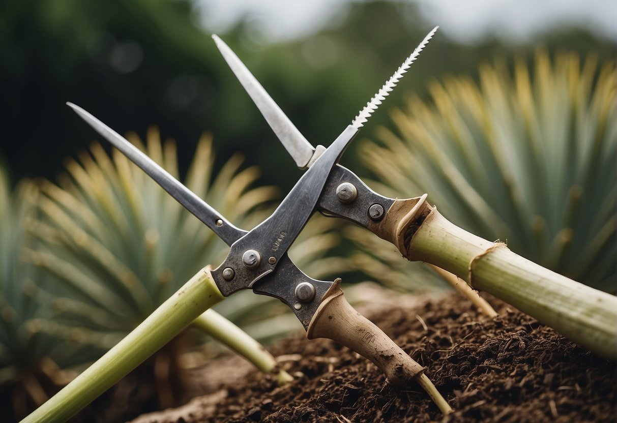 A pair of gardening shears cutting the tall stalks of yucca plants