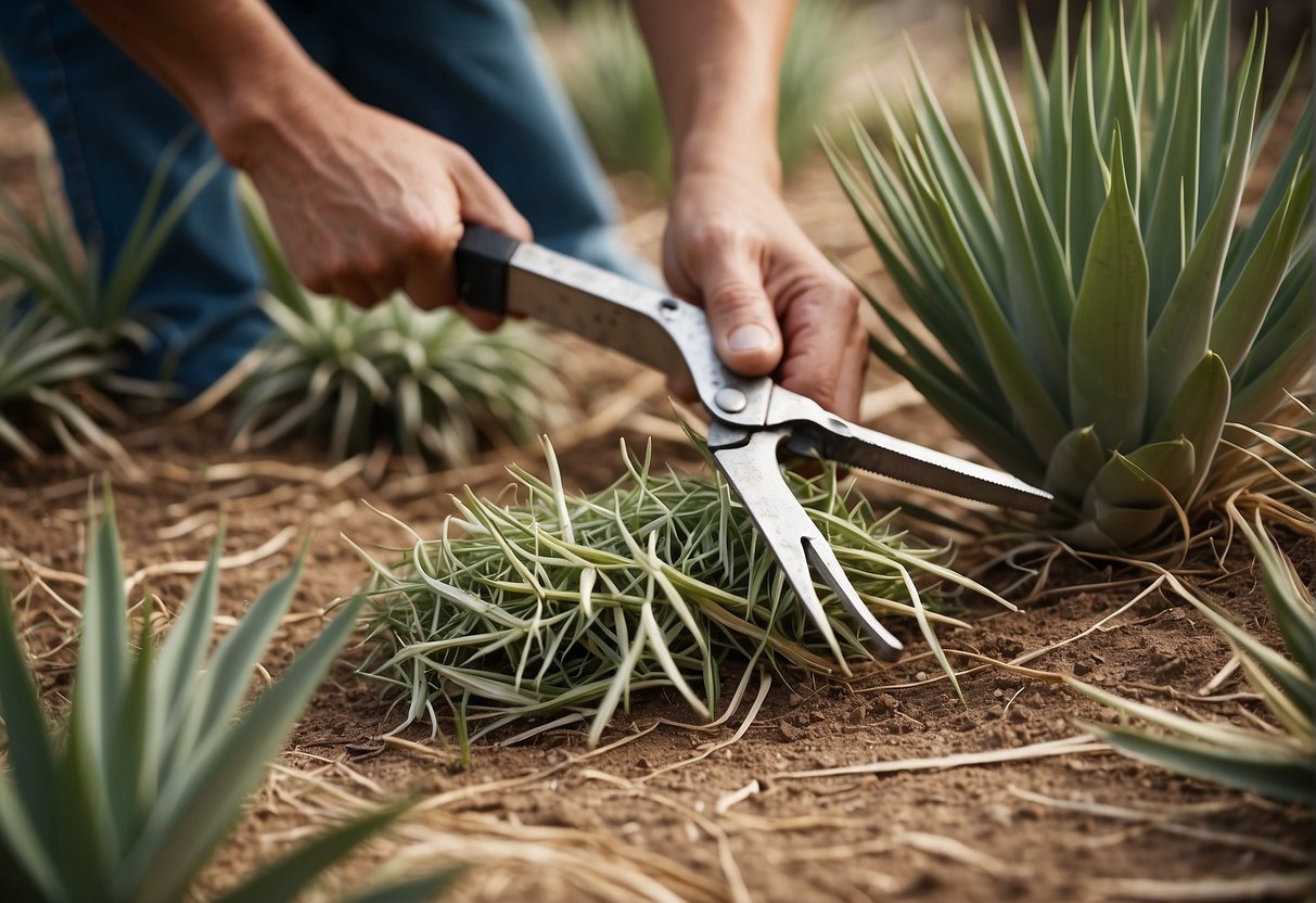 A pair of pruning shears cutting the stalks from a yucca plant, with a pile of trimmed stalks on the ground and the plant looking neat and well-maintained