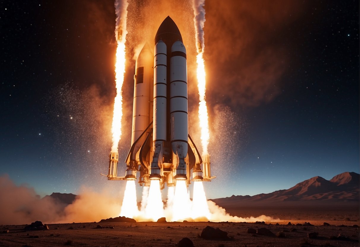 A rocket engine ignites, emitting a bright, fiery plume. Nanotechnology-infused fuel cells glow with energy, propelling the spacecraft into the vast expanse of space