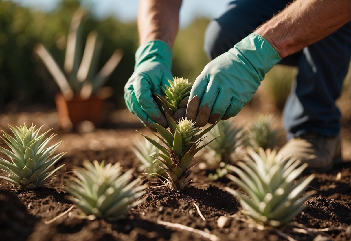 A pair of gardening gloves carefully digs up a mature yucca plant from its original location, ready to be transplanted to a new spot
