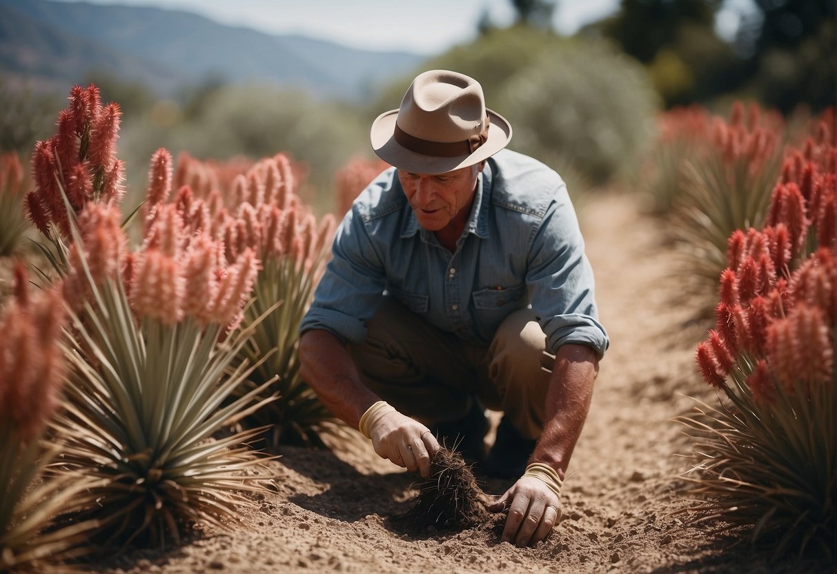 A gardener carefully removes excess red yucca plants, creating space for healthy growth
