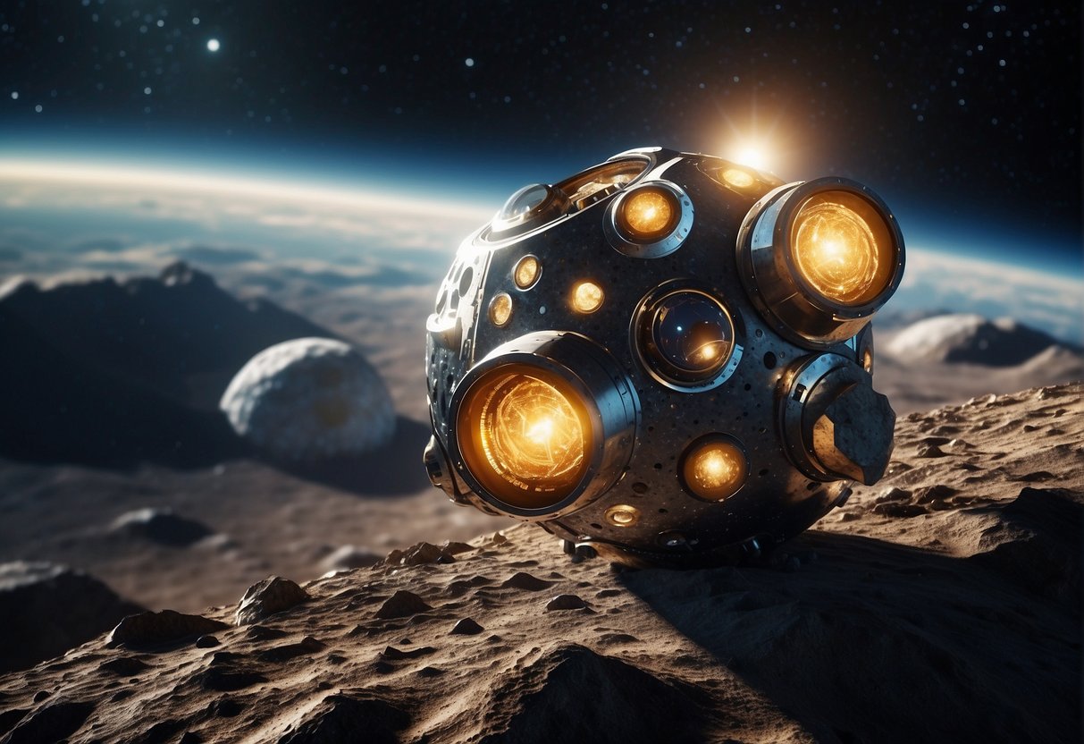 Asteroid mining equipment extracts resources from a rocky surface in the vacuum of space, with a backdrop of stars and distant planets