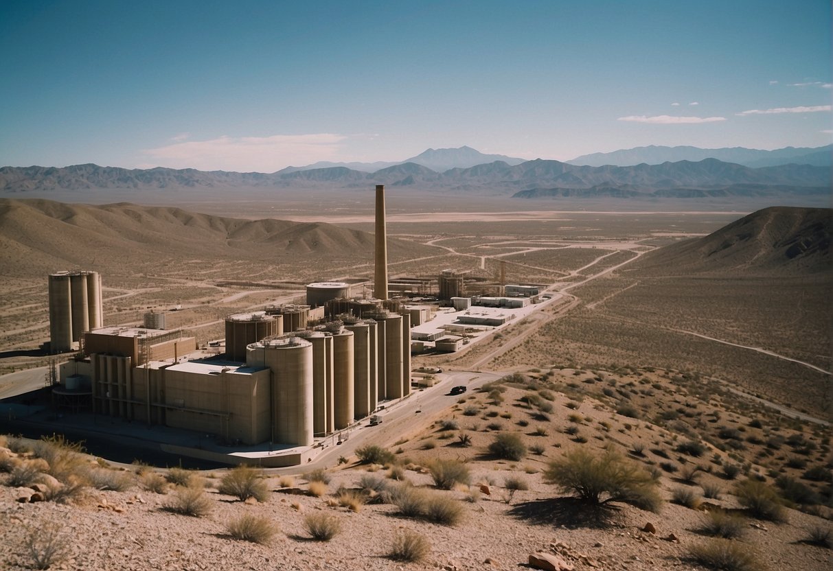 Yucca Mountain: a barren landscape with multiple nuclear power plant structures looming in the distance, surrounded by legislative documents and political figures debating their future