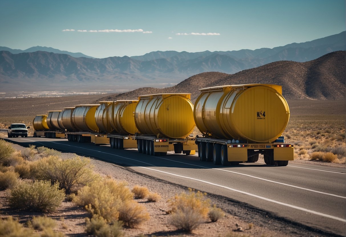 Nuclear waste containers being transported to Yucca Mountain for storage. Multiple nuclear power plants in the area