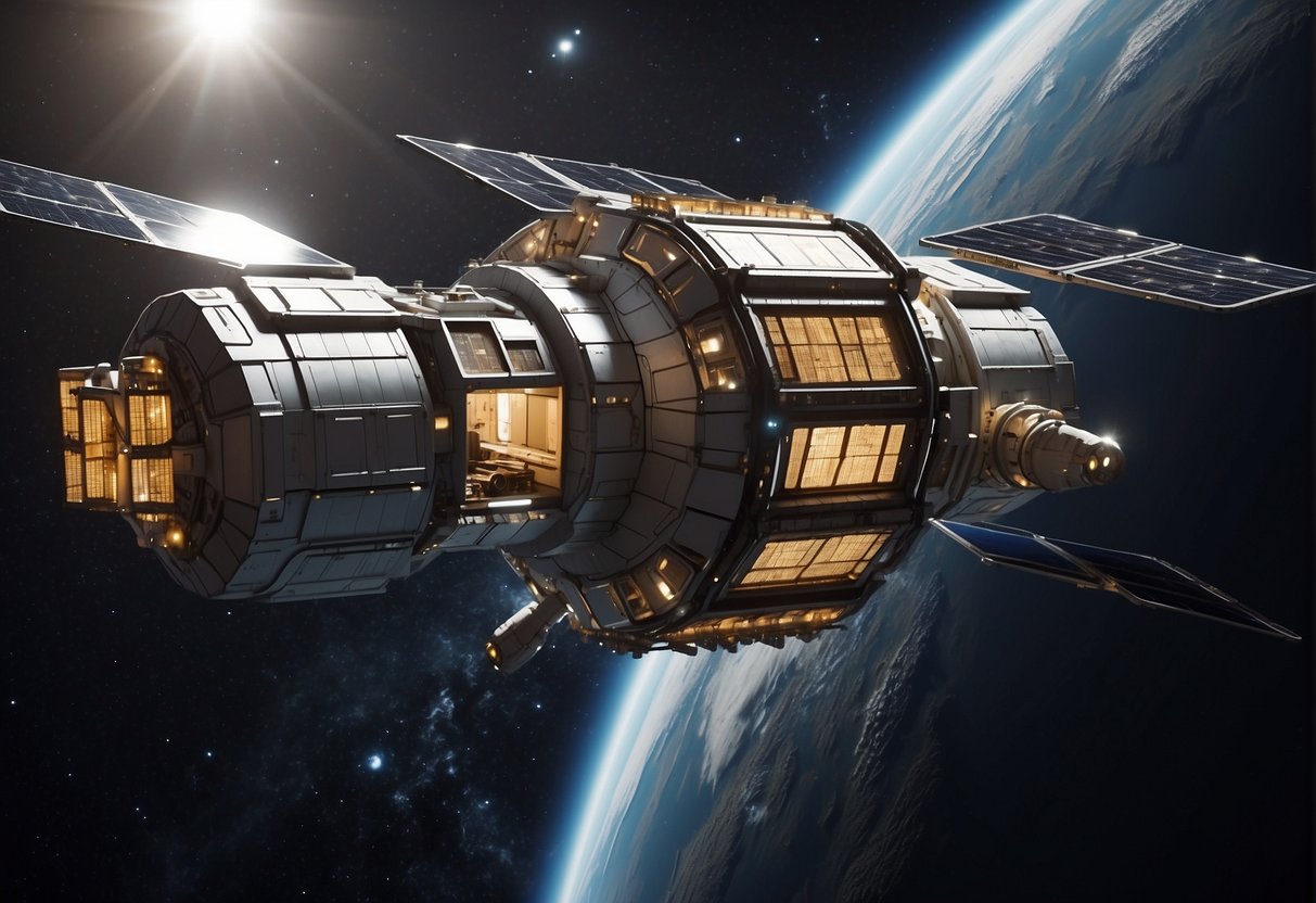 A sleek, modular space station with advanced solar panels and docking ports, surrounded by a backdrop of stars and the Earth below