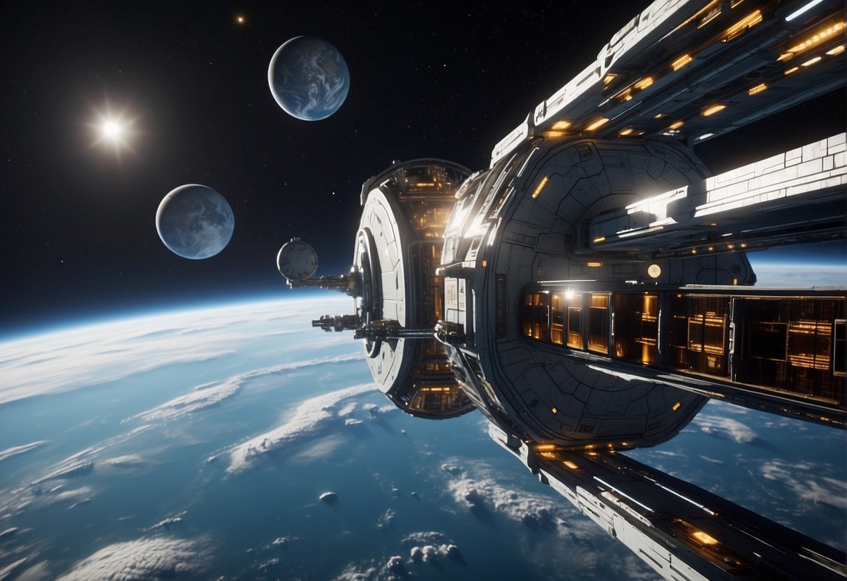 A sleek, modular space station orbits a distant planet, featuring advanced technology and efficient design for long-term habitation and scientific research