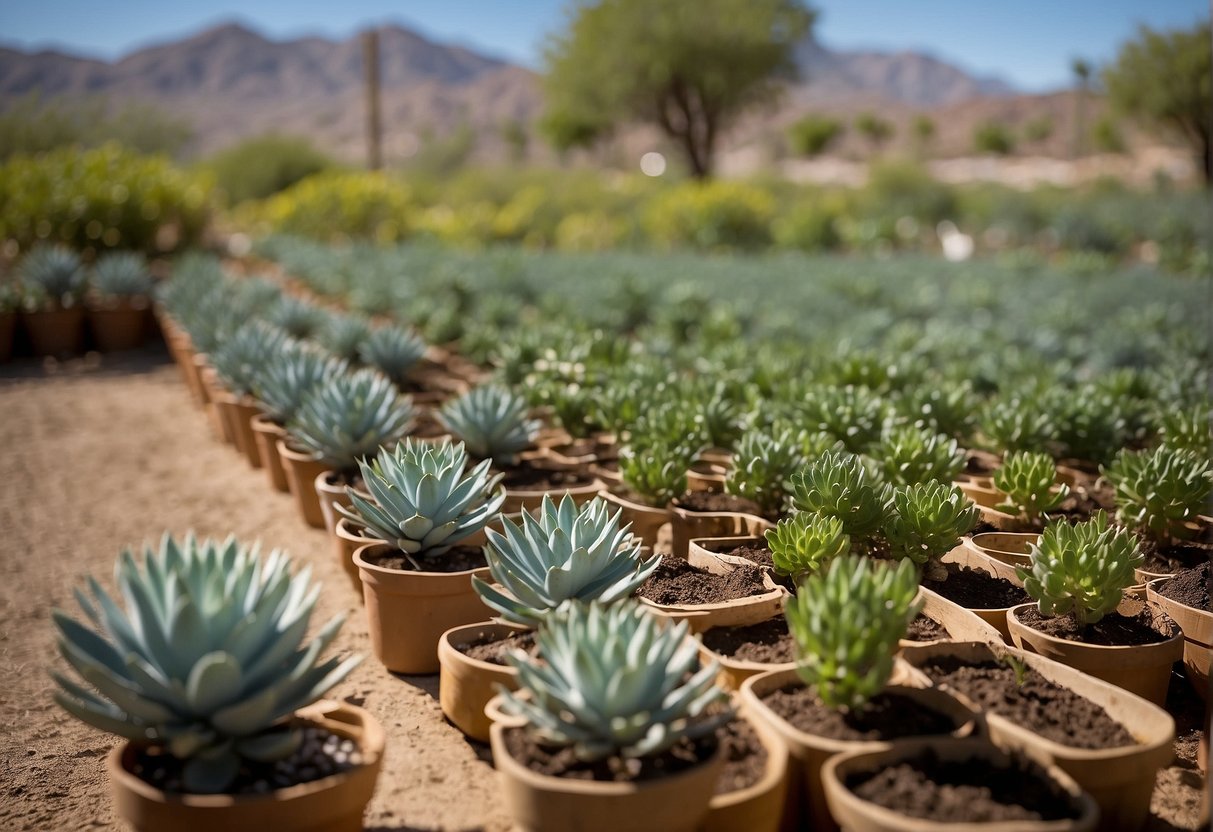 Gopher plants for sale at Yucca Valley nursery. Rows of vibrant green plants under a bright blue sky. A sign reads "Gopher Plants Available Here."