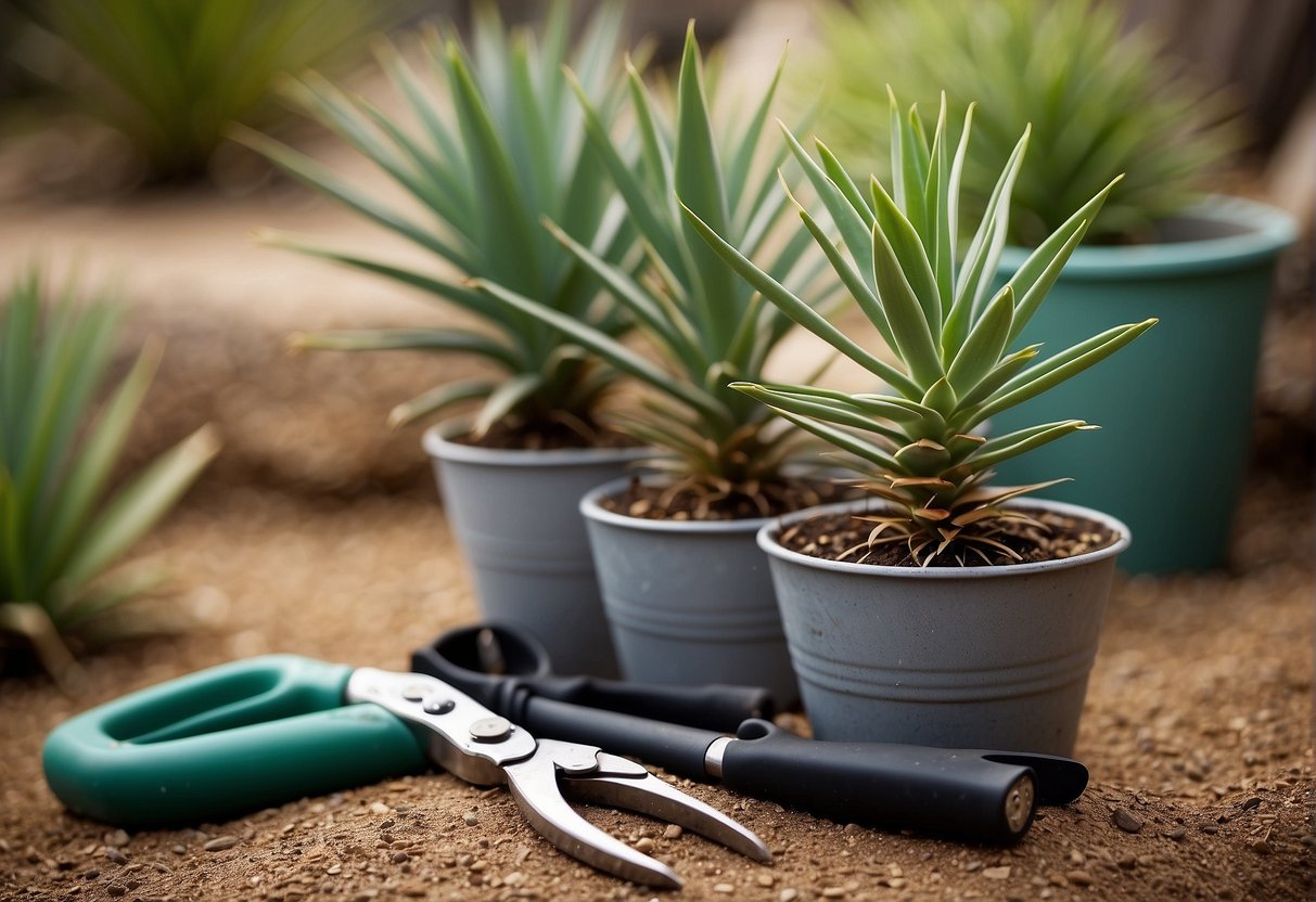 Yucca plant surrounded by gardening tools, with a pair of pruning shears positioned near the base of the plant