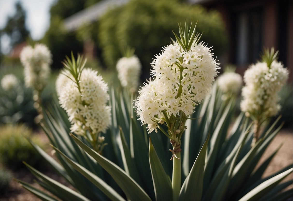 Yucca plant with tall, slender stalks and clusters of white flowers being pruned to remove dead or fading blooms