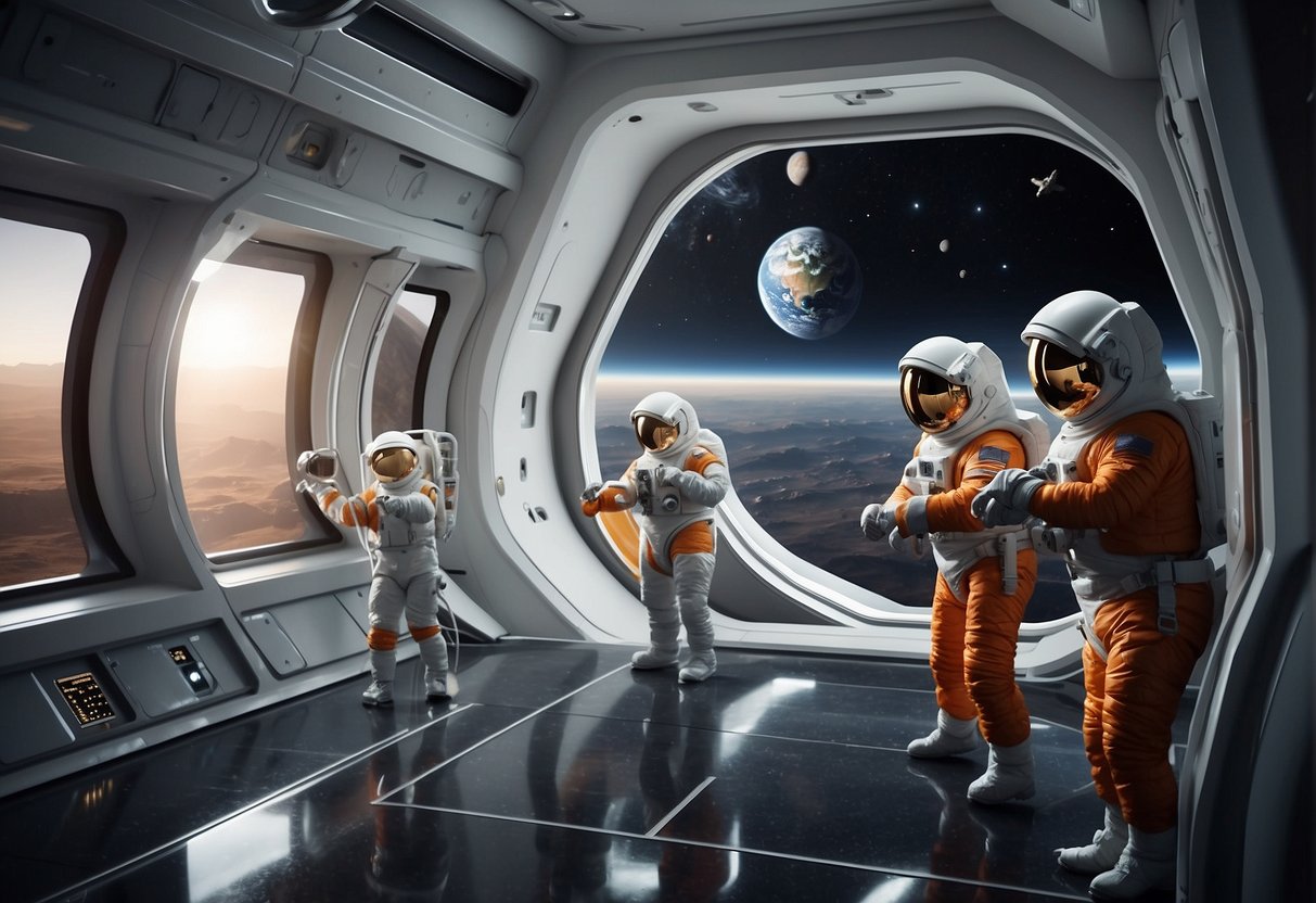A futuristic space habitat with sleek, metallic walls and large windows, surrounded by stars and planets, with astronauts preparing equipment for a journey to Mars and beyond