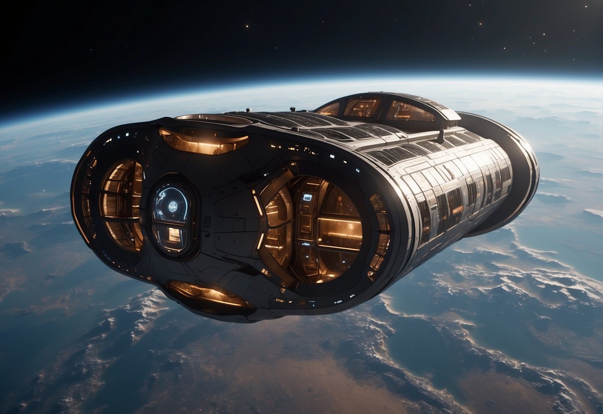 A sleek, futuristic spacecraft glides through the vast expanse of space, with Mars and distant stars visible in the background. A modular deep space habitat is shown, equipped with advanced life support systems and research facilities