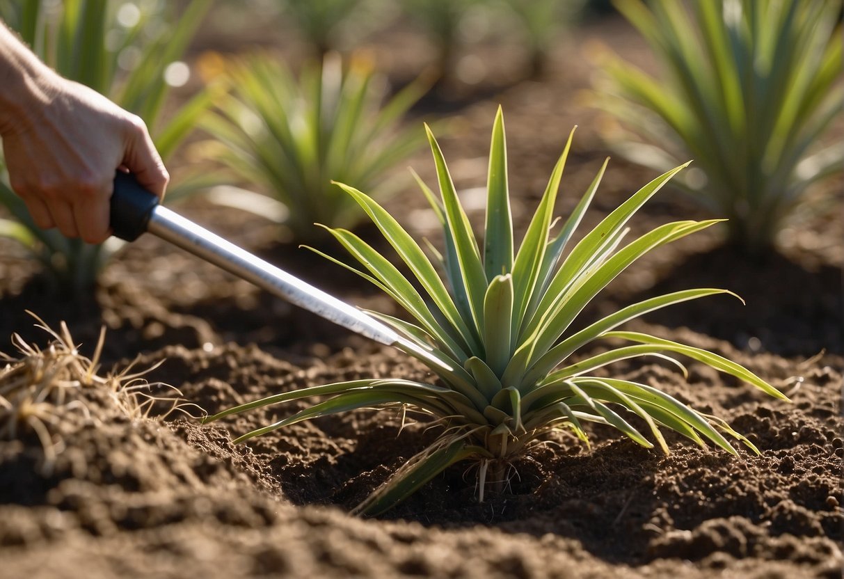 Yucca plants being sprayed with herbicide, roots being dug up, and a chemical control method being applied to remove them from the soil