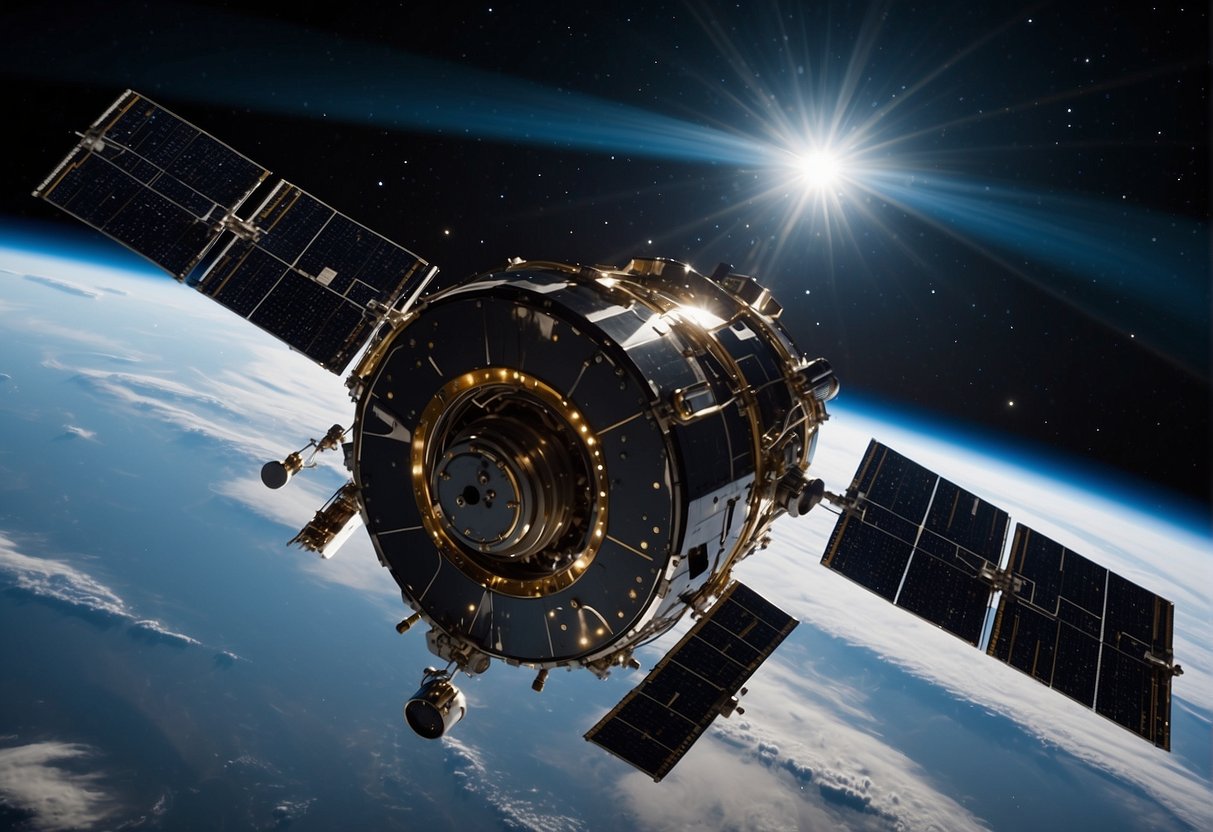 The Challenges of Deep Space Communication Technologies - A satellite sends signals through the vast darkness of space, attempting to communicate with distant Earth-based stations. The signal travels through the void, encountering obstacles and distortions along the way