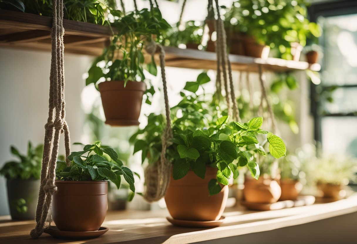 Lush green plants fill the room, hanging from macrame hangers and potted on shelves. Sunlight streams in through the window, casting a warm glow on the vibrant foliage. A watering can sits nearby, ready for use