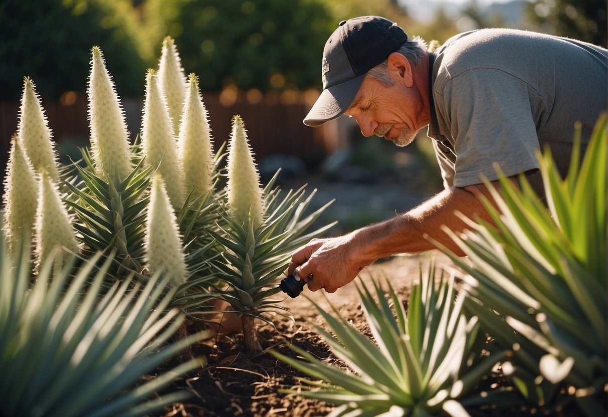 A person in Spokane carefully tends to their yucca plants, watering and pruning them in a sunny corner of their garden