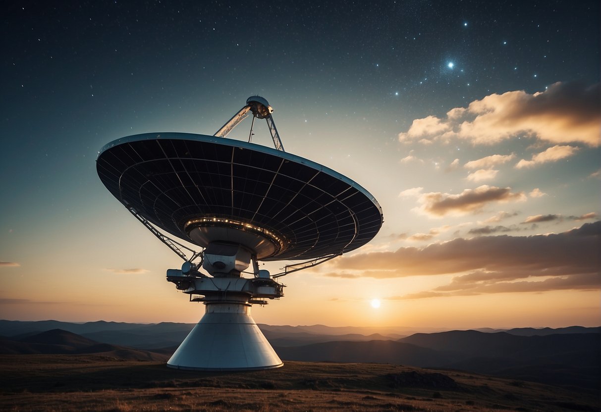 A satellite dish points towards the stars, surrounded by advanced technology. A futuristic spacecraft hovers in the background, symbolizing the challenges and potential of deep space communication