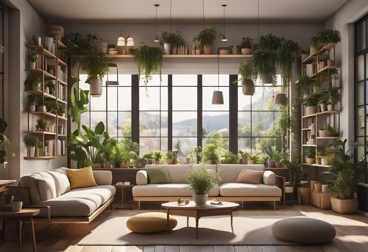 A cozy living room with shelves filled with potted plants, a sunny window, and a comfortable seating area for reading or relaxing