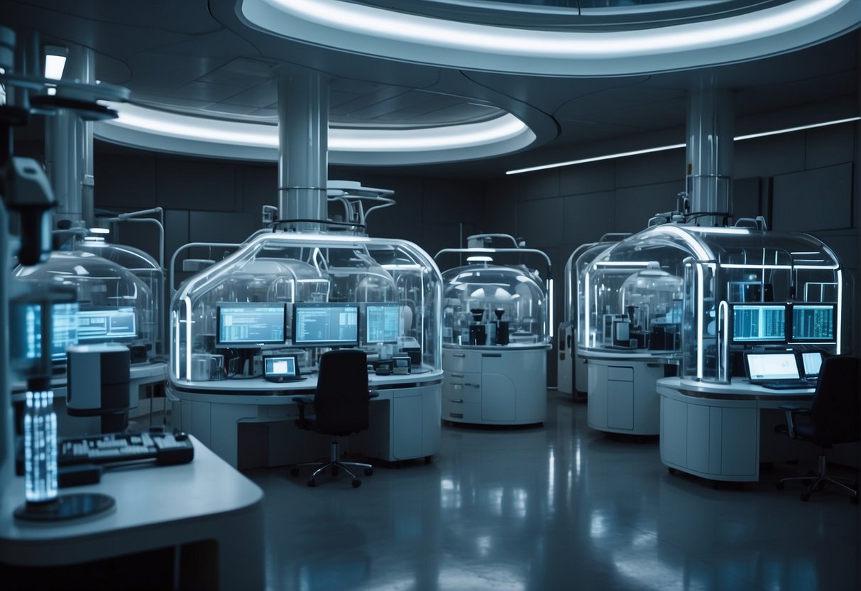 A futuristic laboratory with glowing vats of synthetic organisms, surrounded by advanced machinery and monitors, set against a backdrop of a Martian colony