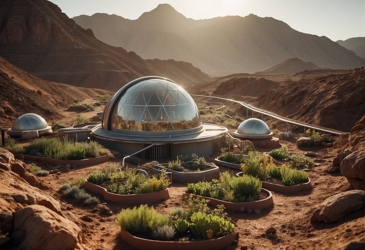 A Mars colony with bioengineered plants and microbes sustaining life in a harsh environment