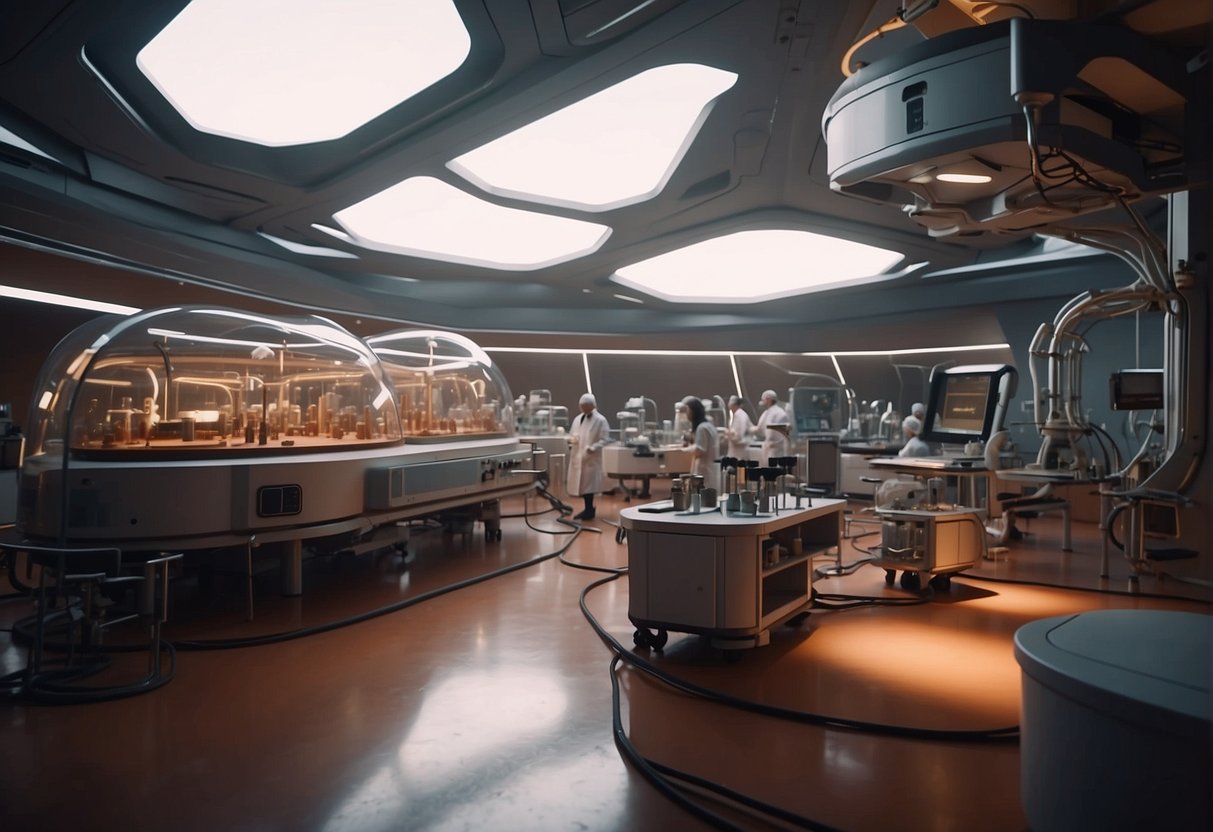In a Martian laboratory, scientists manipulate DNA strands, while robotic arms assemble bioreactors. A futuristic landscape of red rocks and domed colonies surrounds the facility