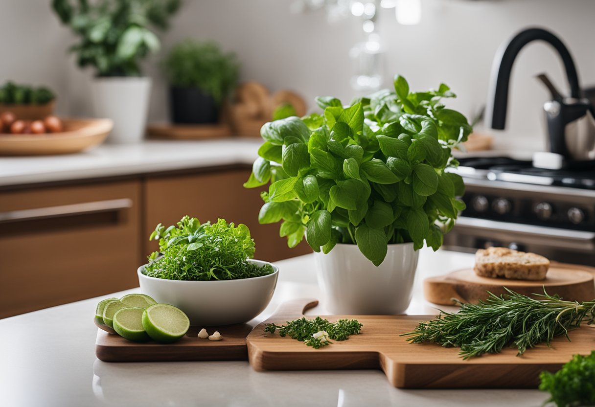 A kitchen counter with potted herbs, a cutting board with fresh vegetables, and a cookbook open to a plant-based recipe